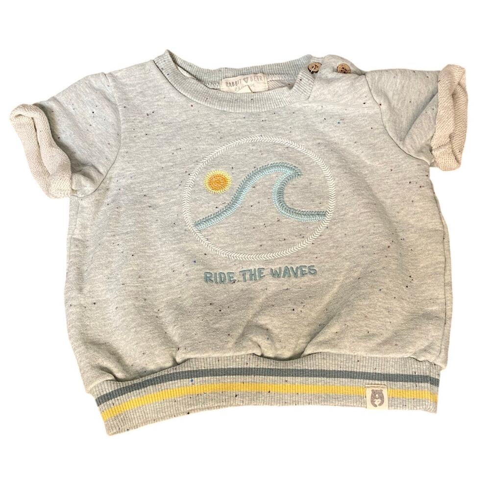 Rabbit Bear gray‎ terry cloth lined wave embroidered short sleeve sweatshirt 24M